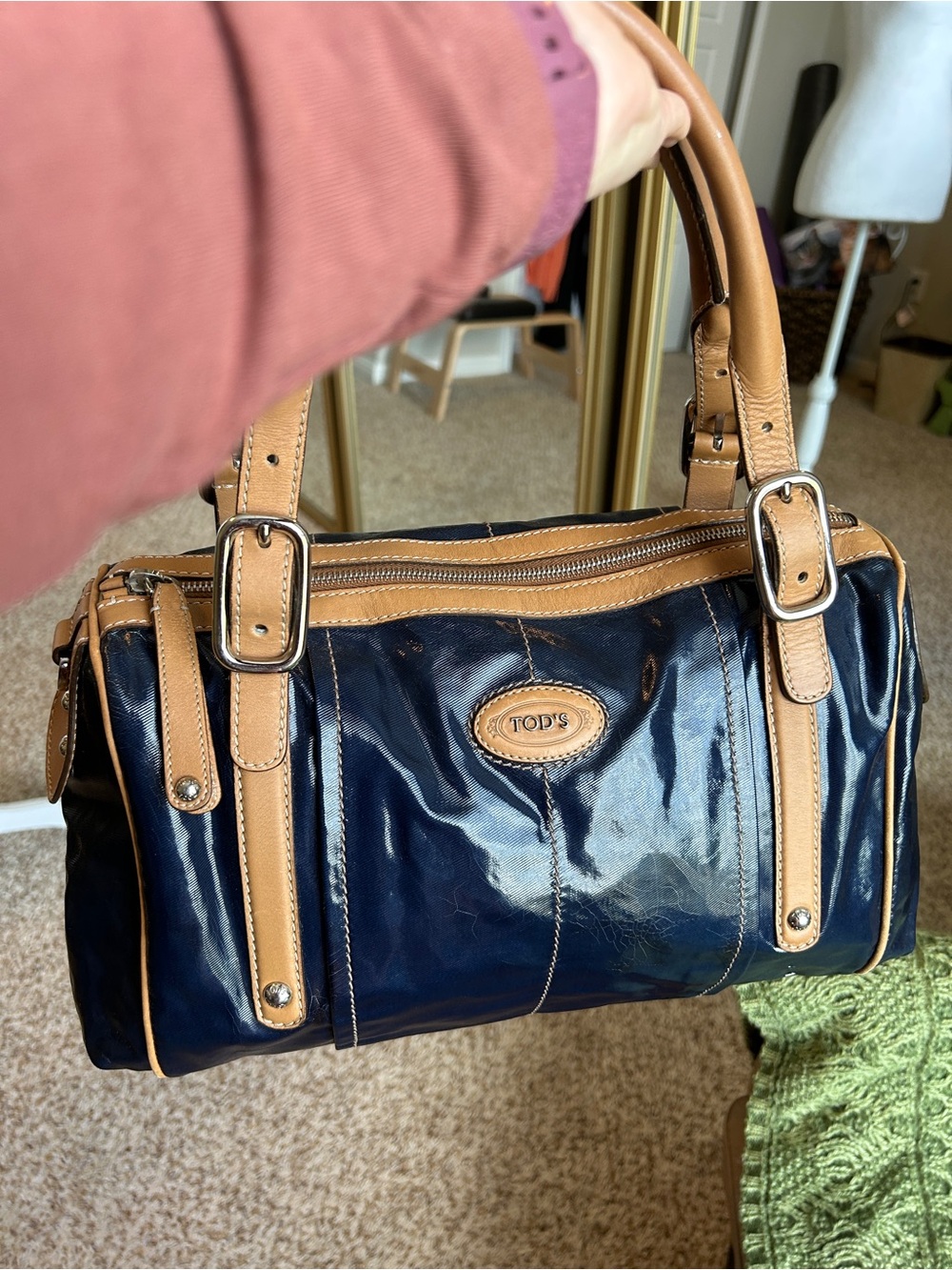 TOD’S Navy Patent Coated Canvas Satchel with Brown Leather Trim - Picture 16 of 16